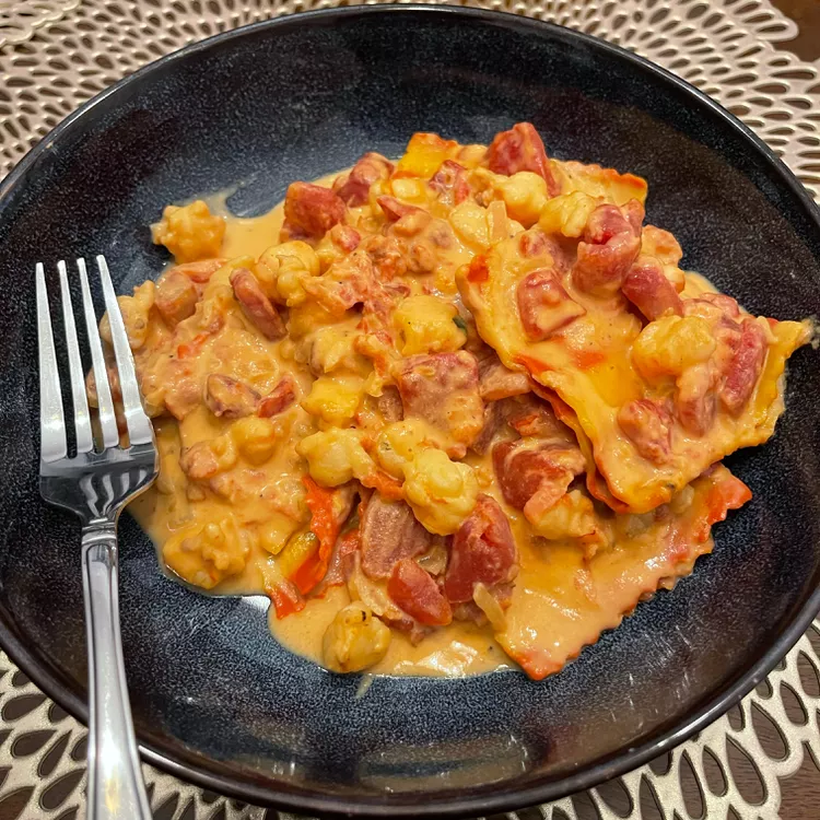 Lobster Ravioli in Tomato Cream Sauce with Shrimp