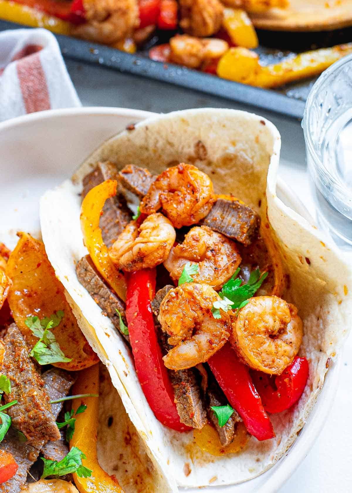 Sheet Pan Steak and Shrimp Fajitas